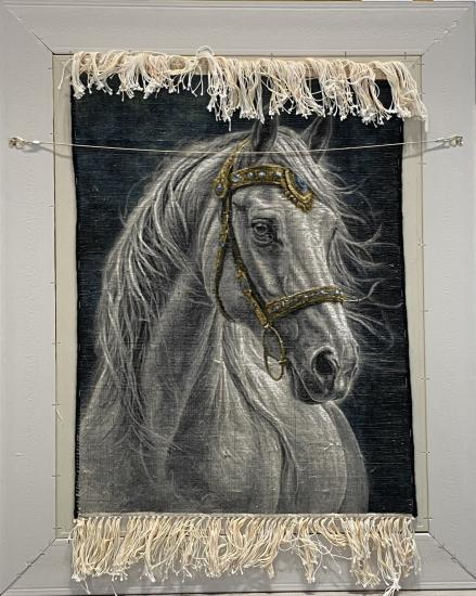 EBRISEM | Beyaz Firuze At El Dokuma İran Tablo Halısı 50x69 cm