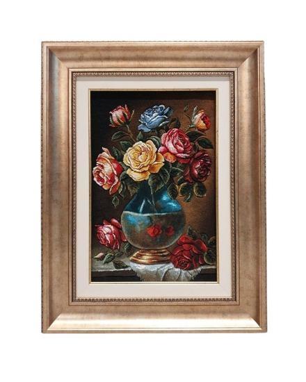 İran El Dokuması Tablo Halı (Roz Çiçeklar) Ebat: (35 x 53) cm