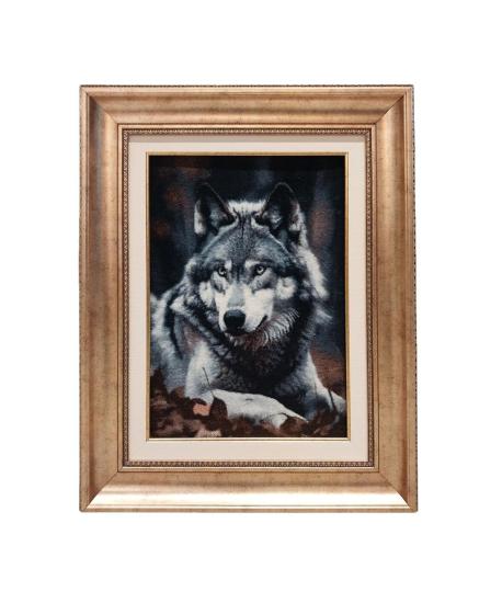 İran El Dokuması Tablo Halı (Tek Kurt) Ebat:(40 x 55) cm
