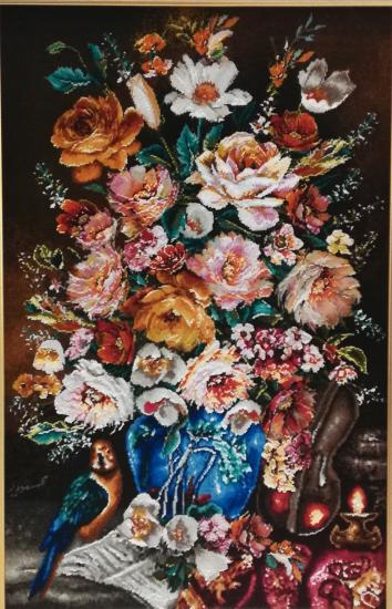 İran El Dokuması Tablo Halı (Çiçekler ve  mavi Vazo) Ebat: ( 50 x 77 cm )
