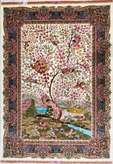 Kuş ve Bahçe Desenli İran İpek Halı | 100×150 cm